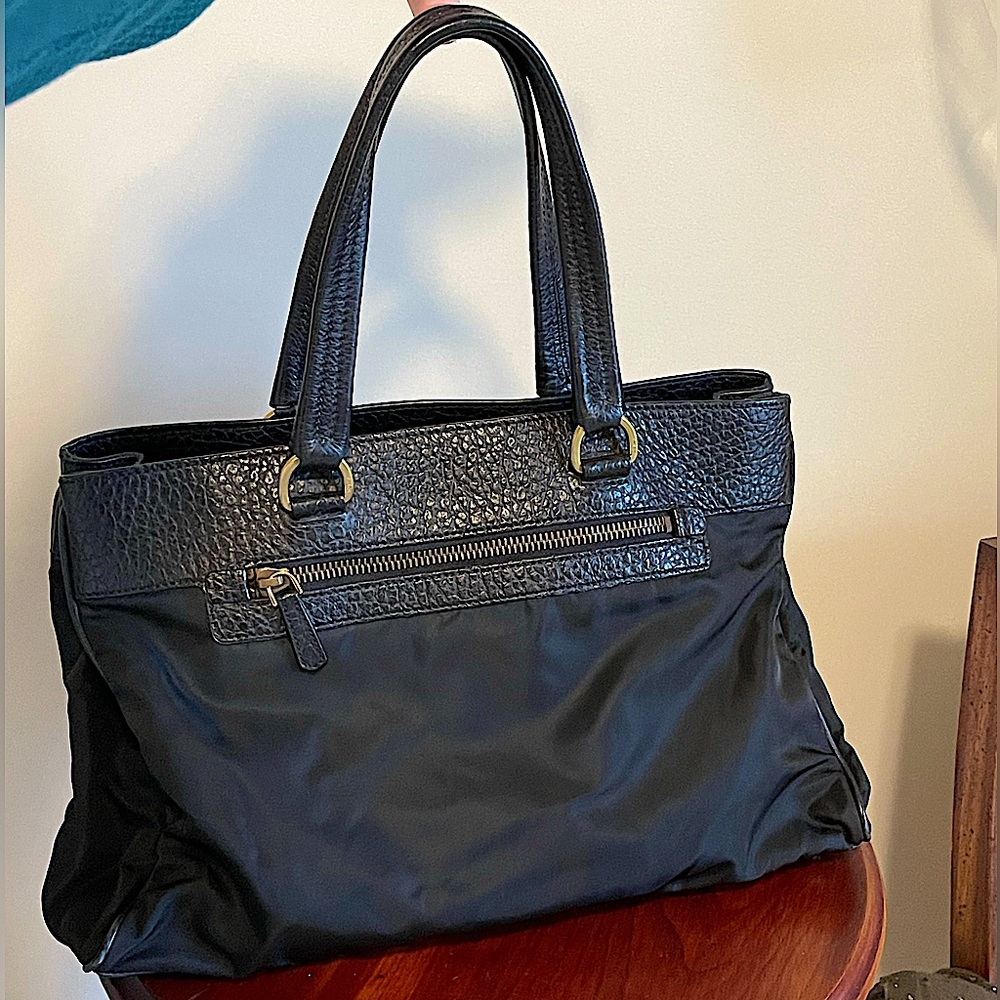 Authentic Prada Black Tessuto Nylon and Leather Tote Bag